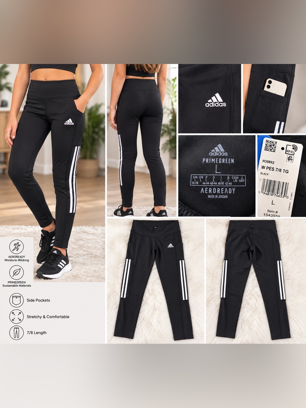 Adidas 3-Stripes 7/8 Leggings Women’s Large Black AEROREADY NWT